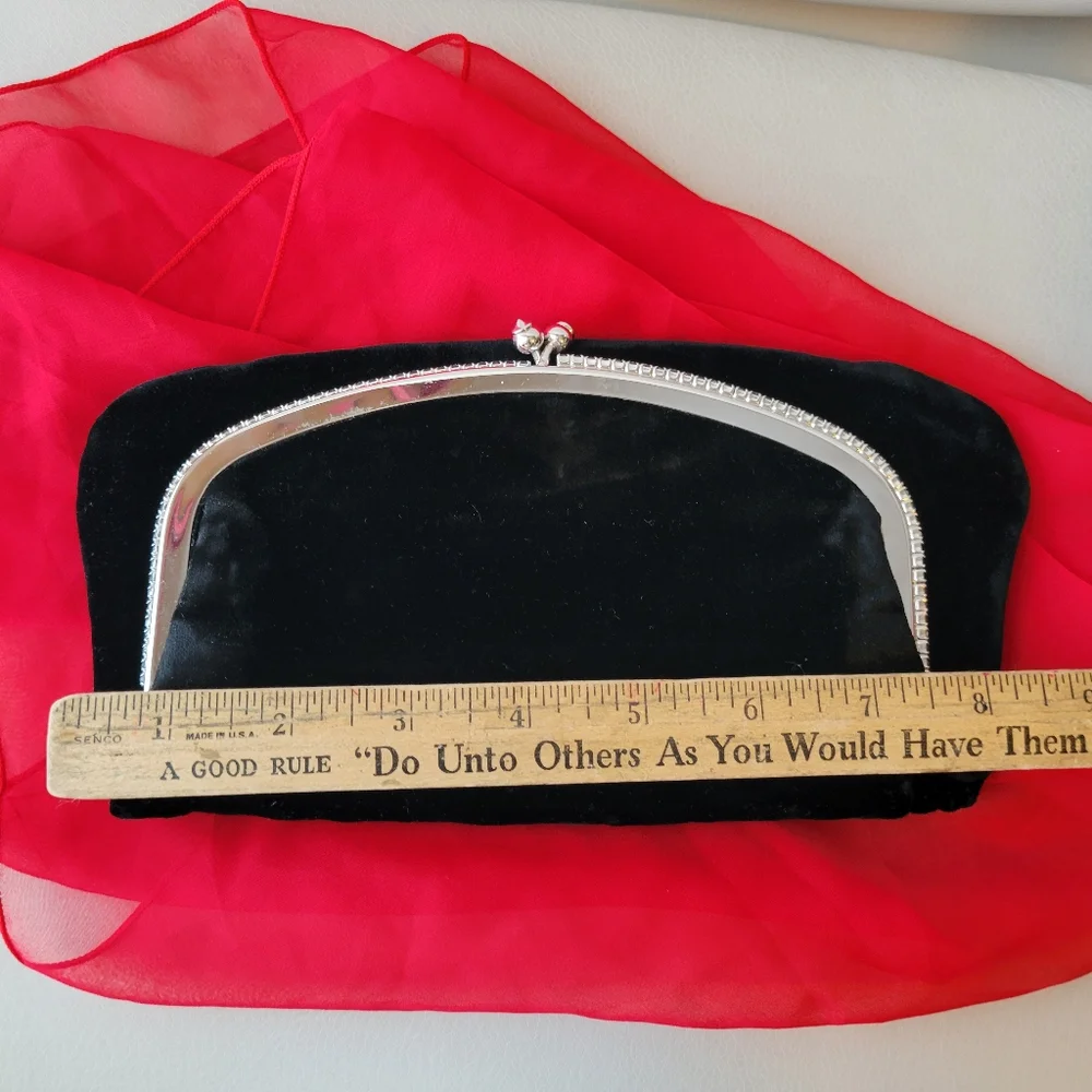 Mel-Ton Vintage Black Velvet Foldover Clutch Evening Bag Purse ~ 1950s-1960s (?)